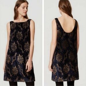 LOFT Dress Blue gold Velvet Damask Sleeveless Lined XS